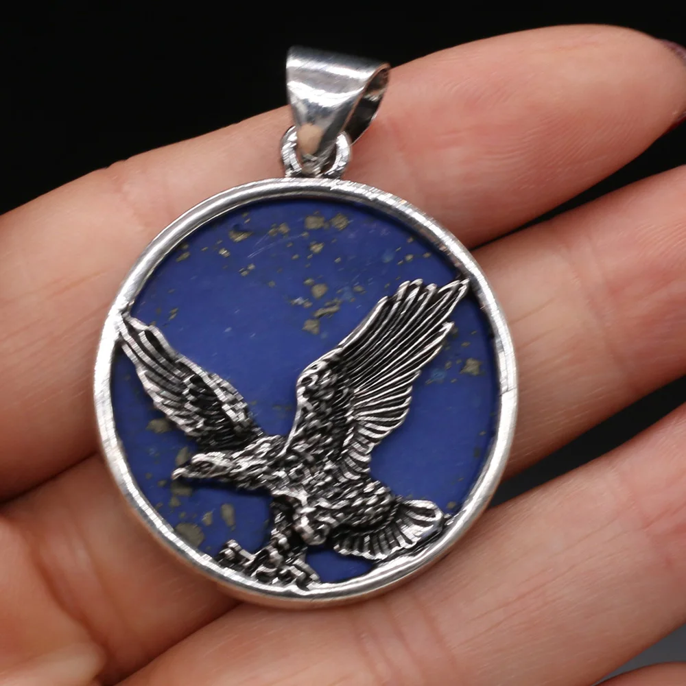 

Natural Stone Pendant Round Shape Eagle Blue Turquoises Lapis Lazuli Pendant for Trendy Jewelry Making Women Necklace Earrings