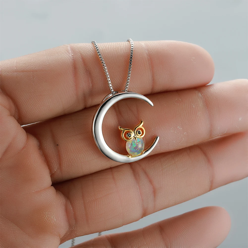 

Animal Necklace Lady Cute Owl Moon-Shaped Opal Ornament Round Chain Pendant Necklace For Women Exquisite Wedding Party Jewelry