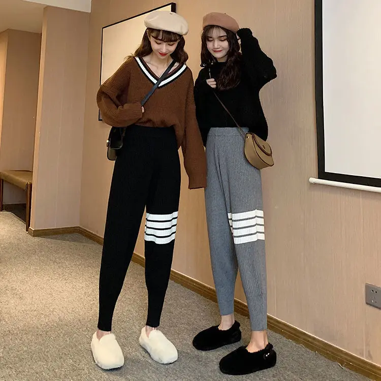 

Spring and autumn 2021 new Korean striped 9-point knitting pants corset Harem Pants loose and thin large radish pants for women