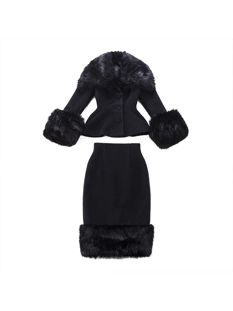 Le Palais Vintage 2021 Original Spring New Black Luxury Big Fur Collect Waist Coat Pencil Skirt Fashion Casual 2 Piece Set Women