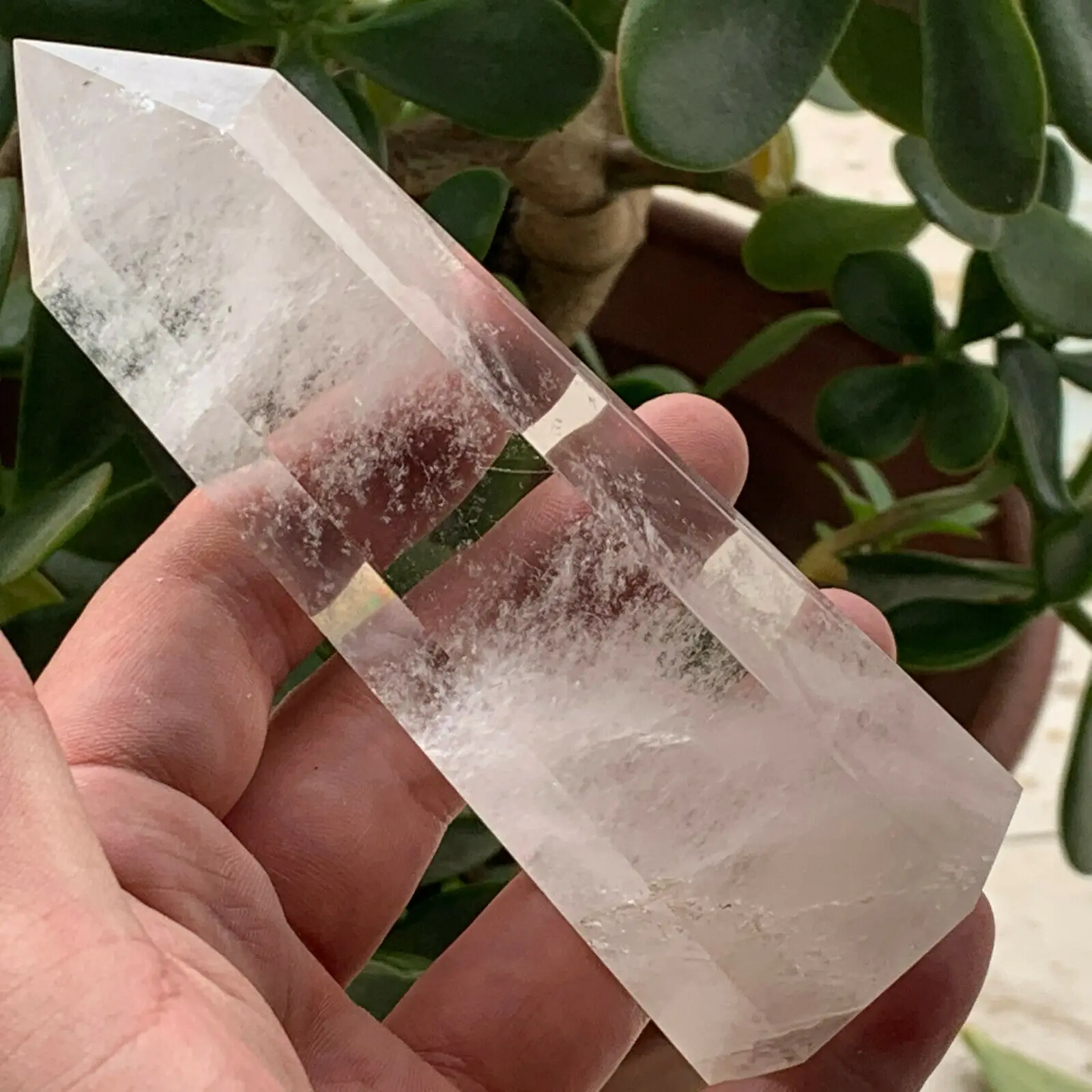

Natural white clear quartz crystal obelisk wand point healing