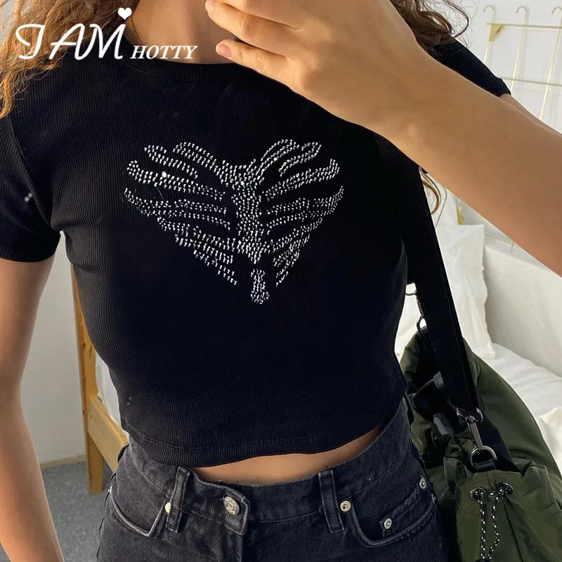 

Женский короткий топ с бриллиантами, повседневный базовый Готический пуловер с коротким рукавом в стиле Харадзюку, винтажный летний топ,