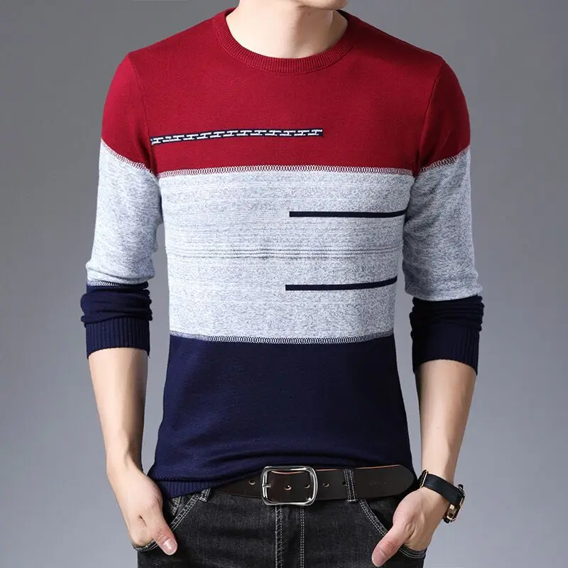 

AKSR Men's New Fashion Warm Sweater O Neck Striped Wool Cashmere Knitted Pullover Sweater Pull Homme Mens Sweaters for 2019