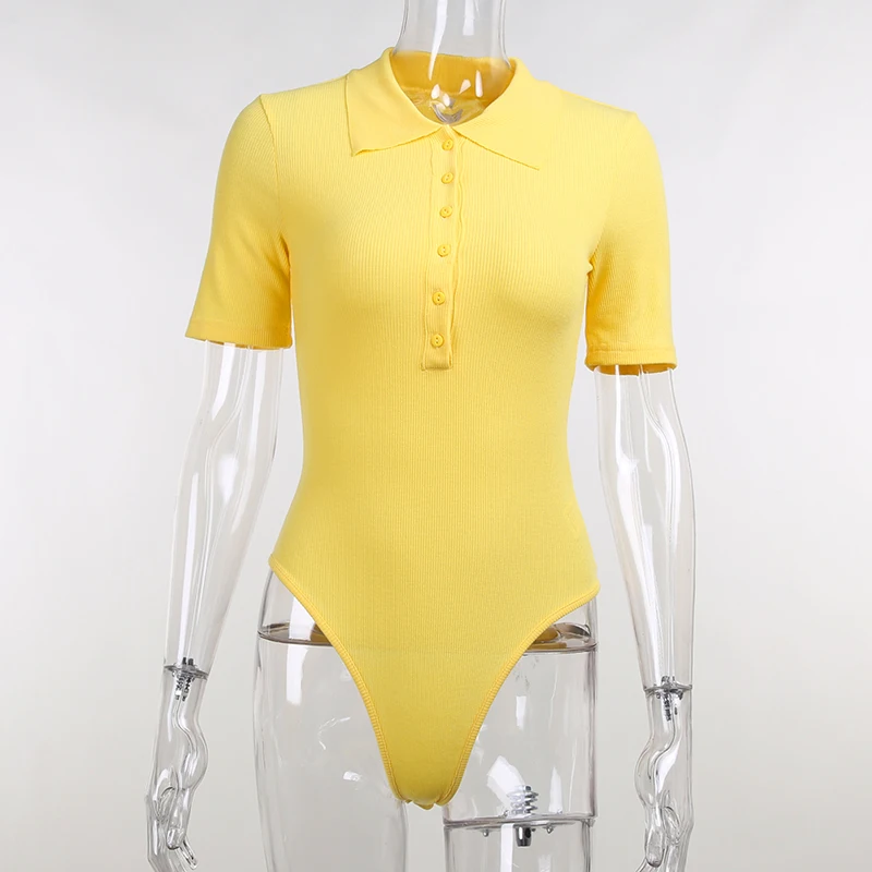 

2021 Summer Women Sexy Bodycon Skinny Elastic Casual Knitted Fashion Solid Y2K Polo Neck Short Sleeve Button Bodysuit