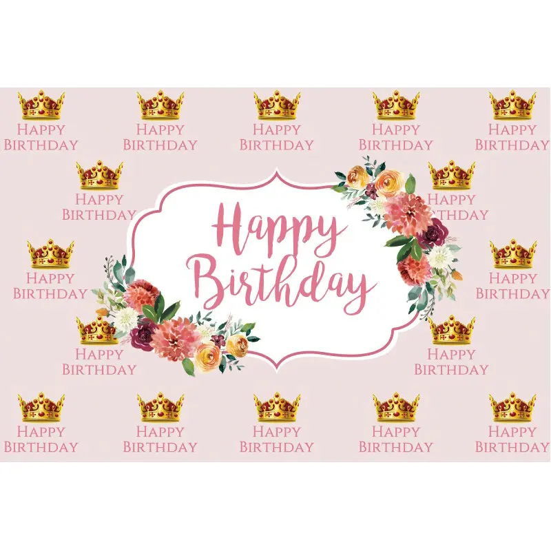 

Happy Birthday and Crown Backdrop Pink Photography Background Celebration Photo Booth Studio Decor