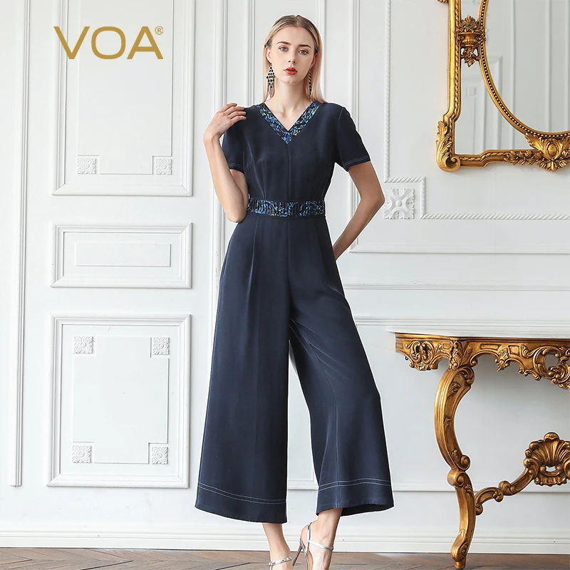 VOA 100% тяжелые шелковые комбинезоны с завышенной талией туника летний женский