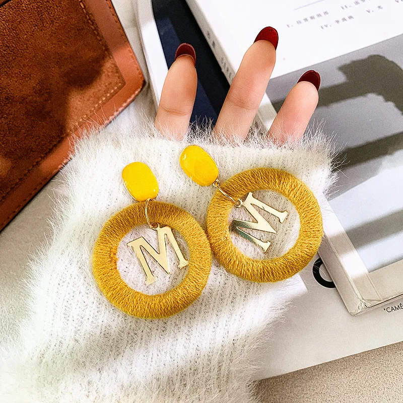 

USTAR New Round Letter M Drop Earrings for Women Yellow Green Woollen Dangle Earrings Winter Fashion Jewelry Accessories Gifts