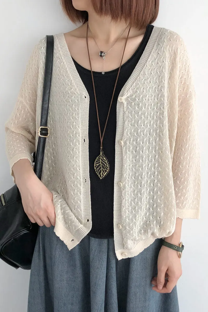 

Linen Knit Jacquard Cardigan Women's Summer Loose V-Neck 3/4 Sleeves Thin Sun Protection Clothing Air-Conditioning Shirt zh1245