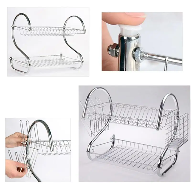 

orange Multi-Functional Double Layer Kitchen Metal Dish Drying Rack Shelf Holder Vegetables Fruit Tableware Organizer