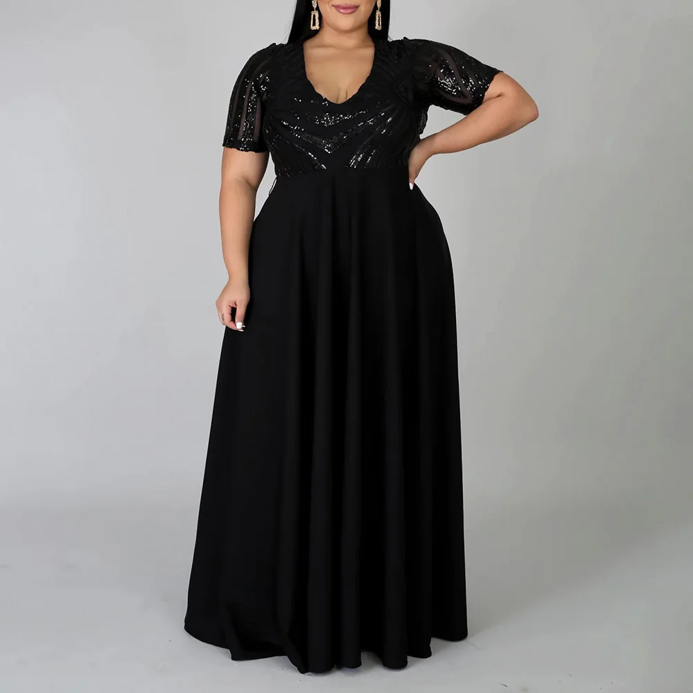 Сексуальное женское платье с блестками элегантное одноцветное размера плюс