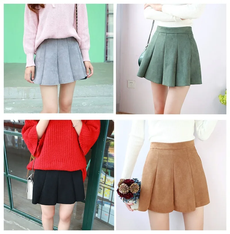 Женская плиссированная мини-юбка замшевая Однотонная юбка с высокой талией