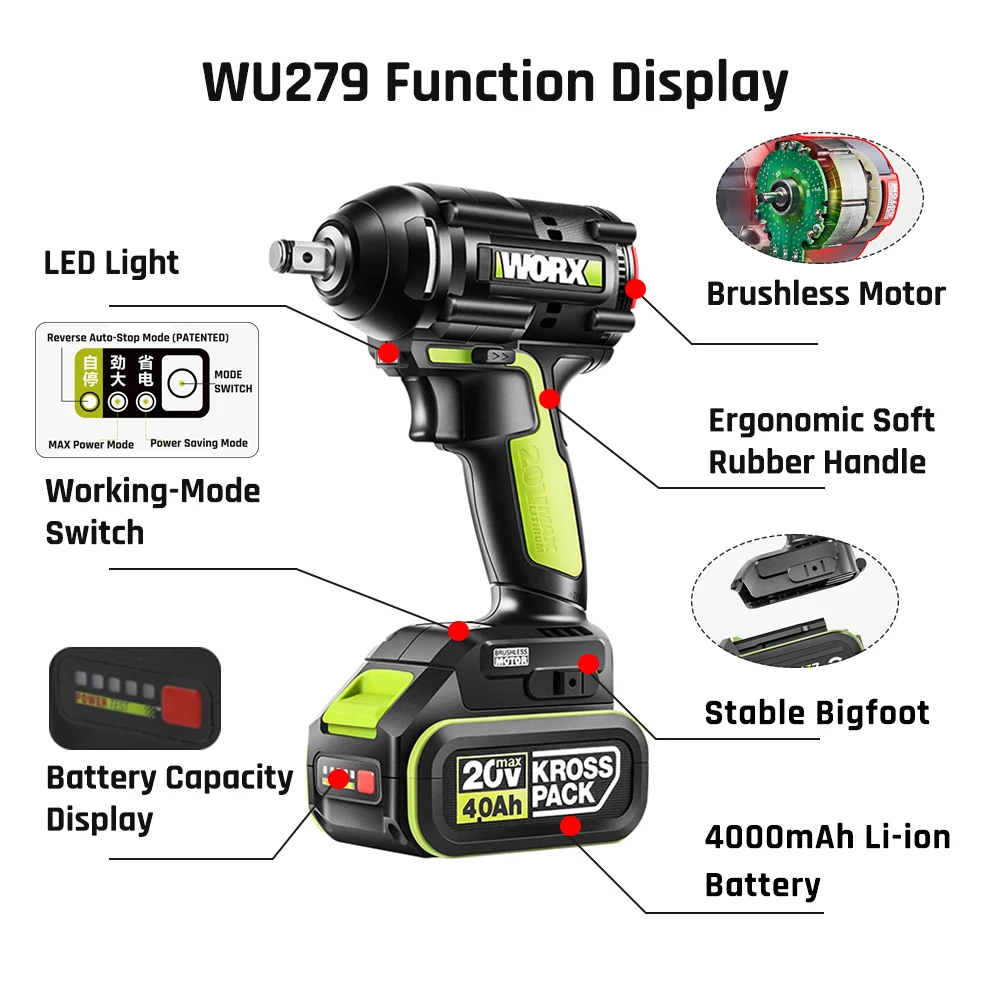 WORX WU279 беспроводной ударный ключ электрические инструменты бесщеточный