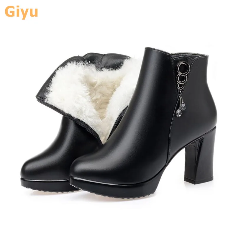 

2021 new black women's boots Genuine Leather Fashion high heel boots Warm wool booties ankle boots35-40 Chunky heel cotton shoes