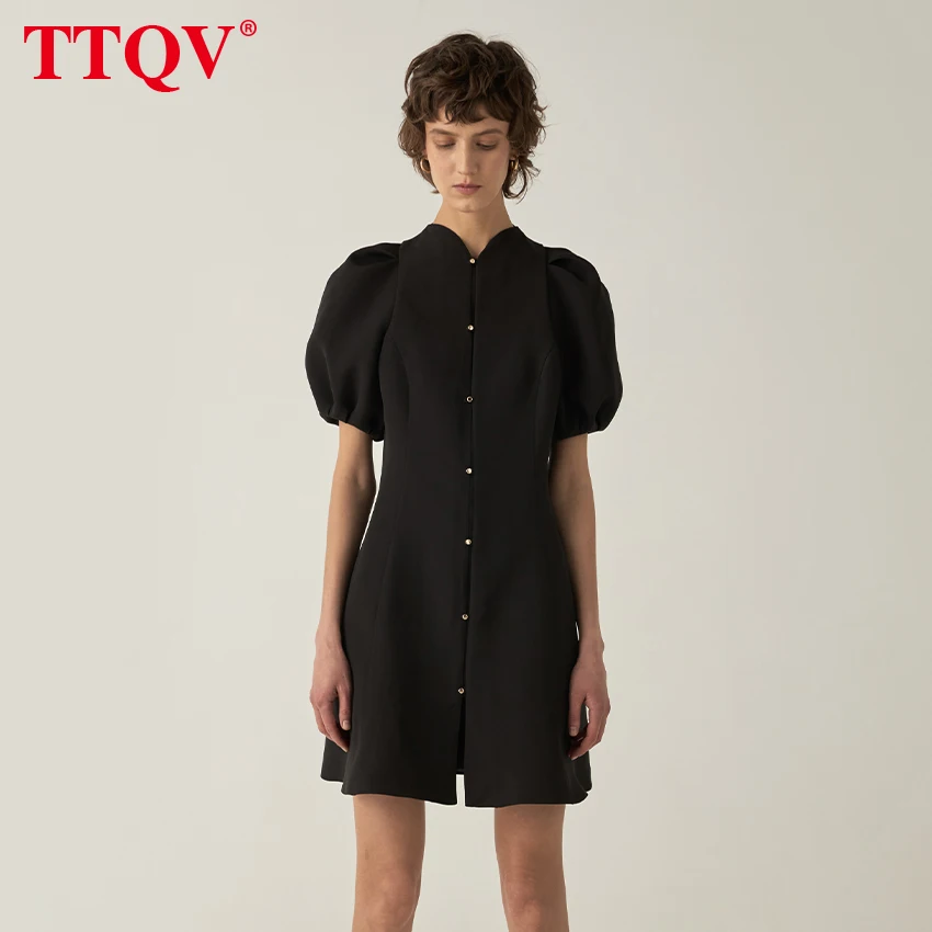 

TTQV Fashion Stand Collar Office Women's Dress 2022 Summer Short Sleeve Bodycon Mini Dresses Elegant Slim Single-breasted Dress