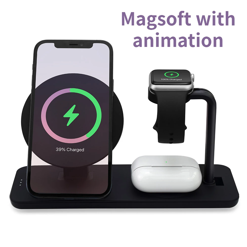

3 in 1 Magsoft with Animation 10W Qi Fast Wireless Charger Stand for IPhone12 Watch Charging Dock Station for IWatch