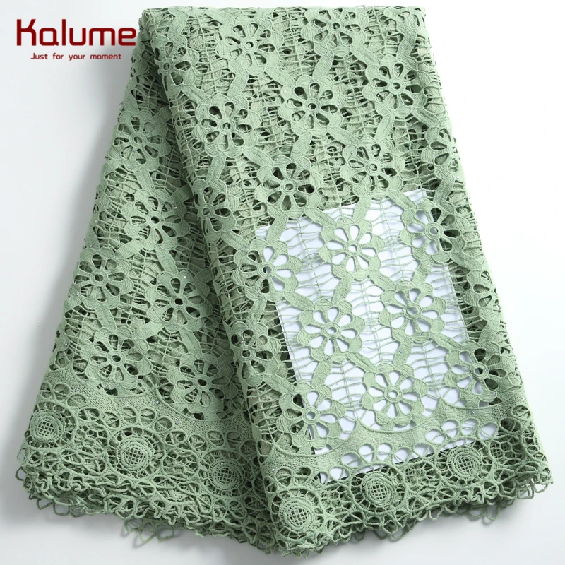 

Kalume African Guipure Cord Lace Fabric Cyan Hollow Out Water Soluble Cord Lace Fabric With Stones For Nigerian Party Sews F2269