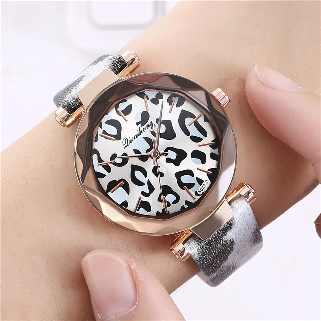 Модные женские часы унисекс Geneva с леопардовым принтом и кожаным ремешком Дамские