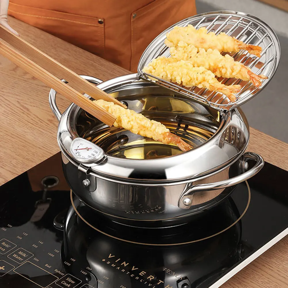 

20cm Stainless Steel Fryer Japanese Deep Frying Pot with a Thermometer Control Fried Chicken Pot Cooking kitchen accessories