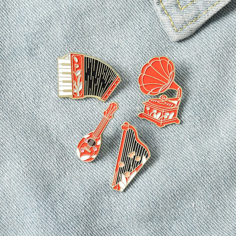 

Vintage Music Band Enamel Pin Phonograph Accordion Harp Banjo Brooch Shirt Lapel Bag Old-School Badge Jewelry Gift
