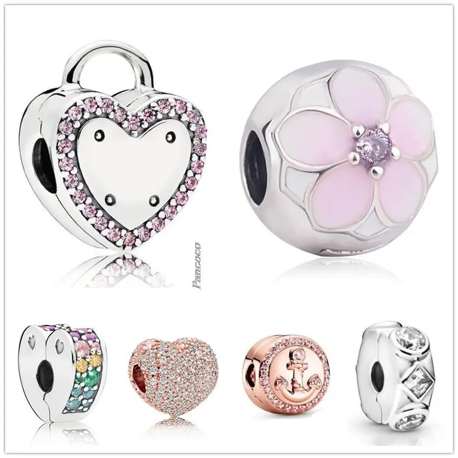 

Authentic 925 Sterling Silver Rose Pave Open My Heart Clip Lock Stopper Charm Bead Fit Pandora Bracelet & Necklace Jewelry