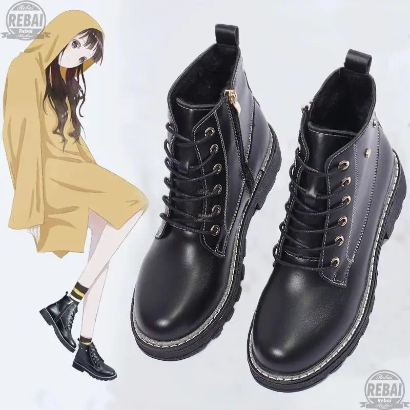 

2021 NEW Solid Black Patent Leather Boots Fashion Ankle Boots Women Shoes Woman Winter Boots Round Toe Lace Up Casual Shoes