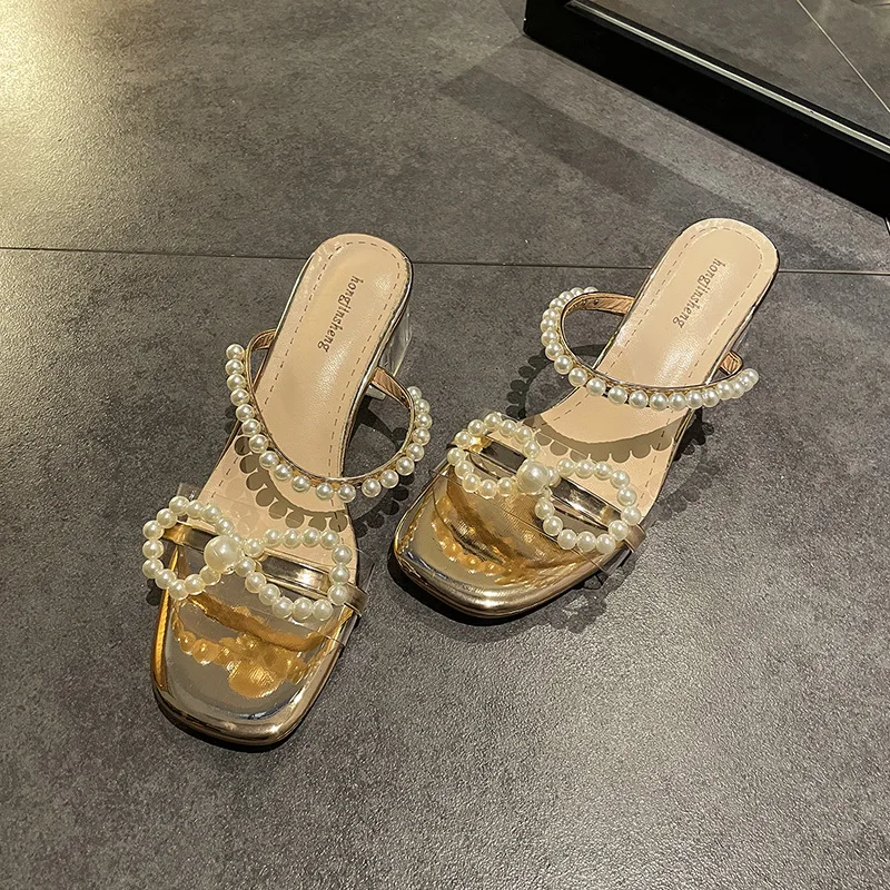 

Pearl Sandals Low-Heeled Shoes With Strap 2021 Women's Suit Female Beige Open Toe Low-heeled Comfort New Black Girls Block Peep