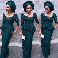 high quality nigeria african half sleeves evening dresses teal lace mermaid prom dresses vestido de festa longo formal wear