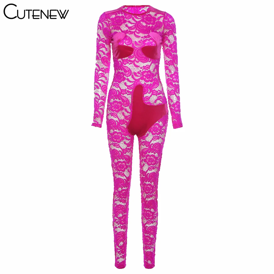 

Cutenew Sexy O-neck Hollow Patchwork Jumpsuit Women's Full Sleeve Floral Skinny Overall Female 2021 New Streetwear Romper Outfit
