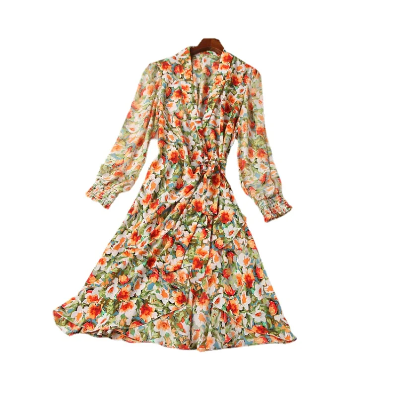 

2021 Long Sleeved V-neck Floral Print Fashionable Flounces Dress European and American Women's Wear for Spring