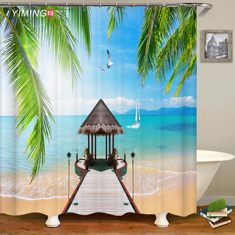 

Variety of bathroom shower curtains, beach scenery, beach printing, polyester waterproof curtains, home decoration