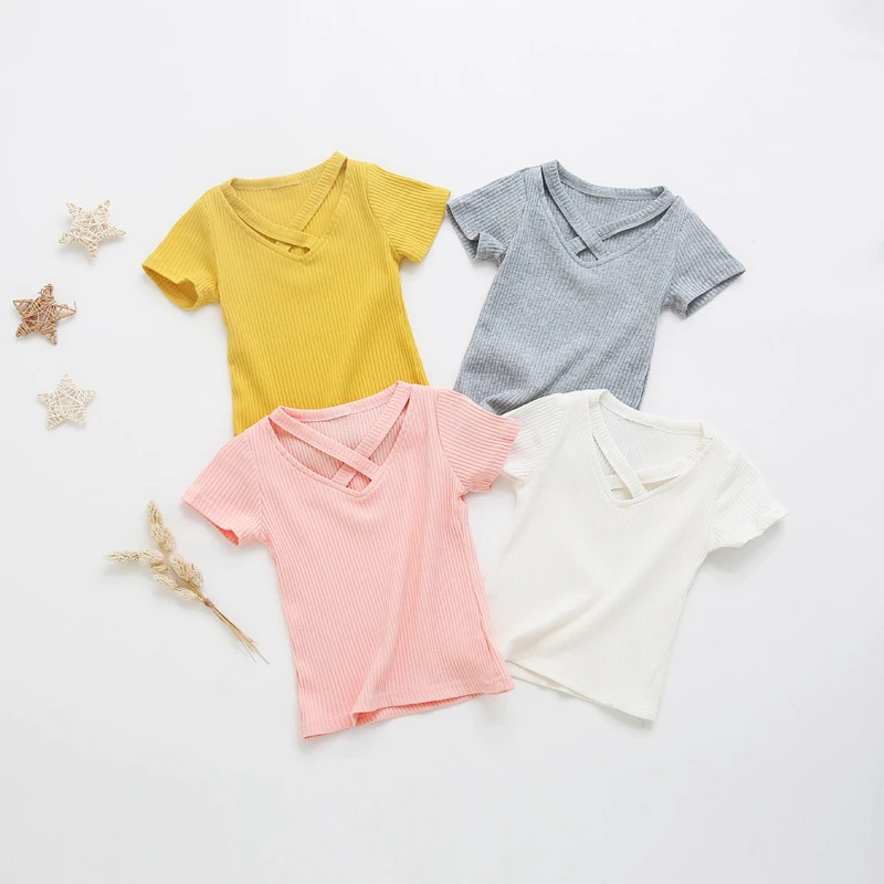 

Модные топы для маленьких девочек; Однотонная футболка с v-образным вырезом и короткими рукавами; облегающие Топы; хлопковая Футболка; повсе...