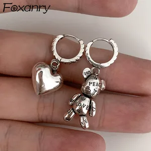 Серьги-кольца FOXANRY с защитой от аллергии, 925, винтажные аксессуары, асимметричные ювелирные украшения для вечеринок с маленьким медведем и сердцем