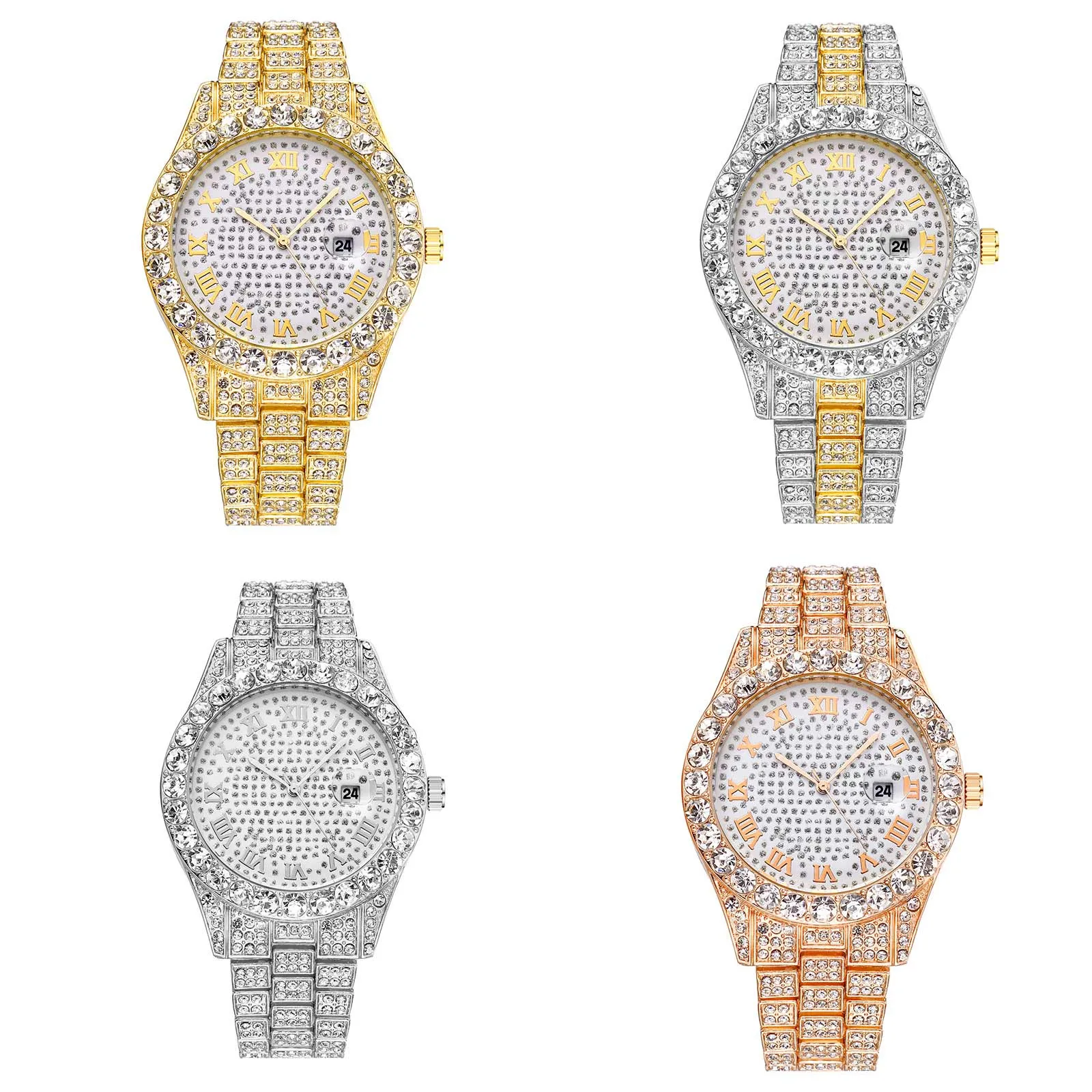 

Luxury Watches Crystal Jewelry For Women Full Diamond Two-color Calendar Quartz Clock Ladies Stainless Steel Wrist Watch#0223