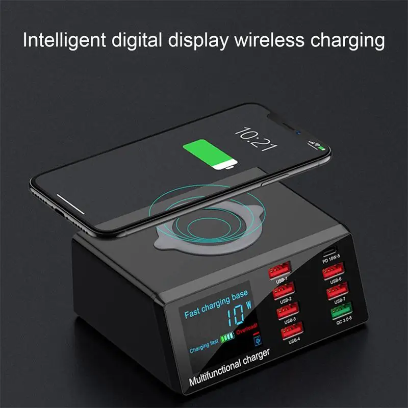 QC3.0 8 Ports USB Smart Digital Display 100W Fast Charging Wireless Charger For iPhone Samsung Huawei Tablet Dock | Мобильные