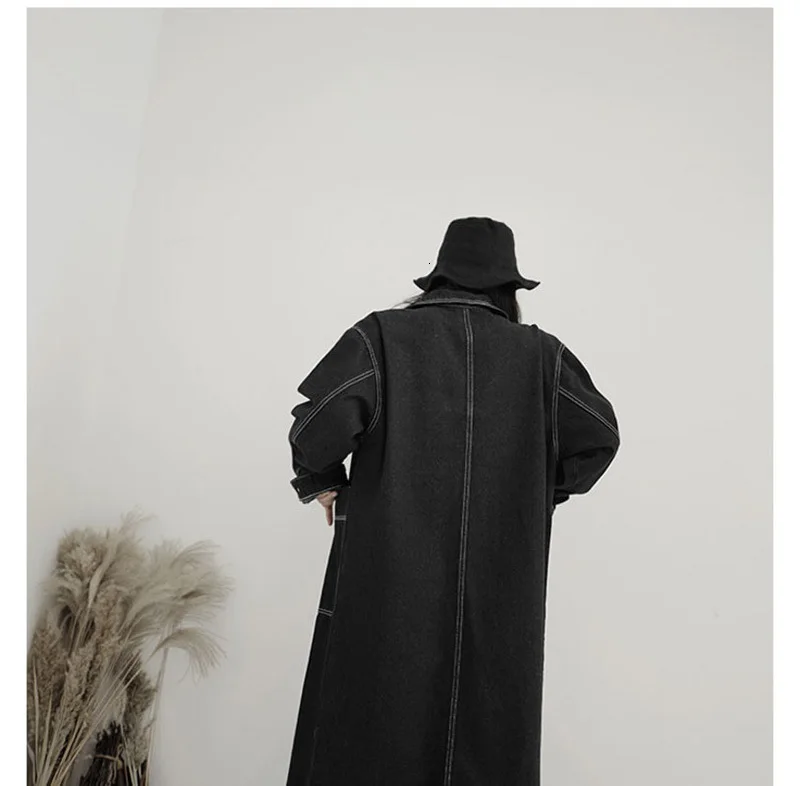 

[EAM] Women Black Denim Big Size Long Trench New Lapel Long Sleeve Loose Fit Windbreaker Fashion Spring Autumn 2021 19A-a638