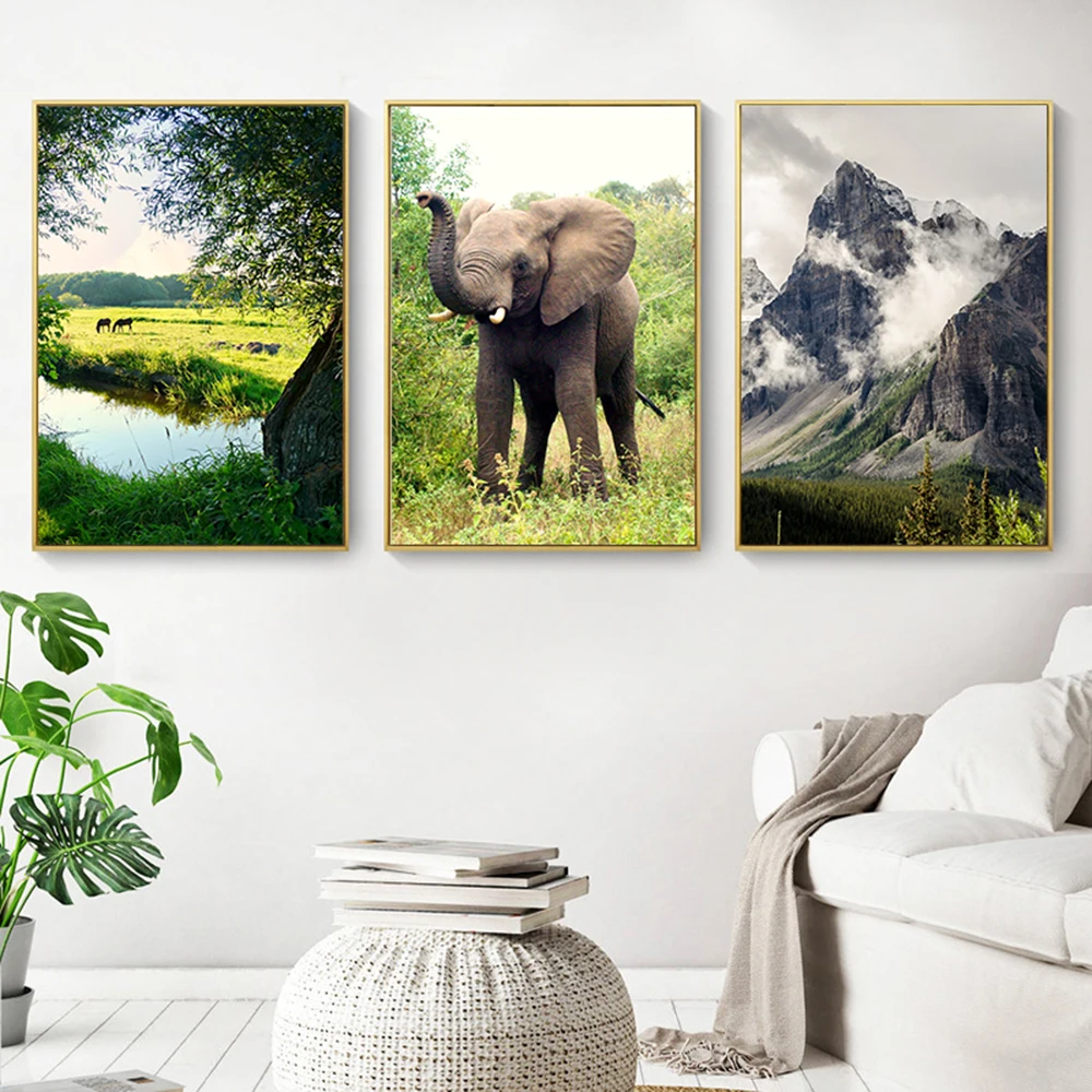 Холст плакат озеро пейзаж живопись скандинавский стены Искусство Слон