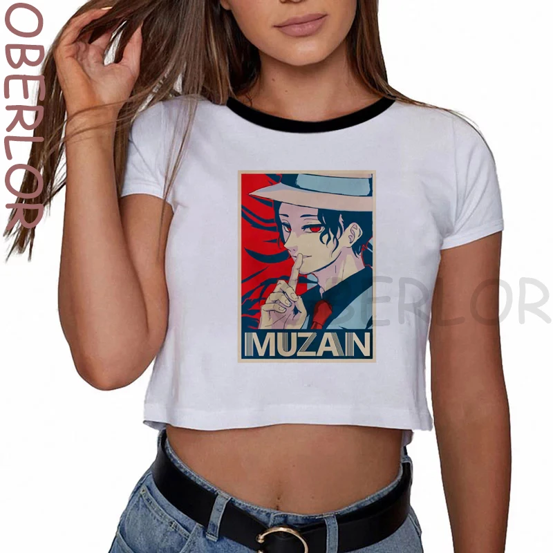 

Летний женский сексуальный кроп-топ, рубашка, модная крутая Camiseta Mujer Kimetsu No Yaiba, аниме, рассекающий демонов, женская короткая блузка, хип-хоп
