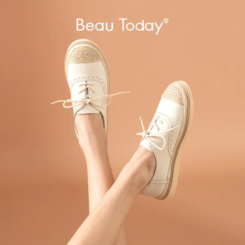 

BeauToday Fisherman Shoes Women Cow Leather Espadrille Brogue Round Toe Lace-Up Oxfords Ladies Flats Handmade 23426