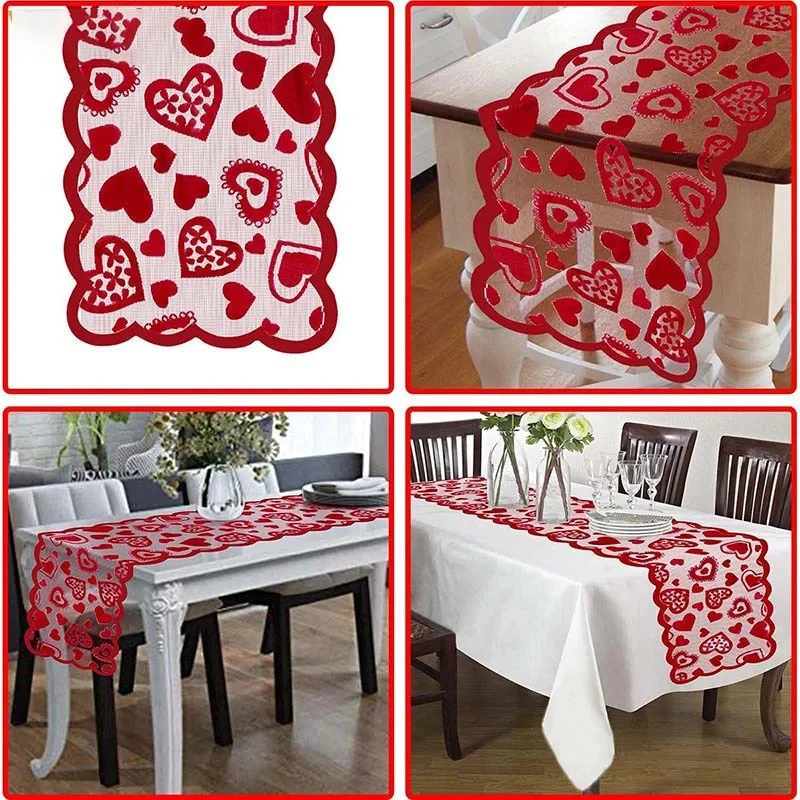 

Red Heart Table Runners Polyester Love for Valentine's Day Wedding Modern Table Lace Fabric Tablecloth Covers Party B99