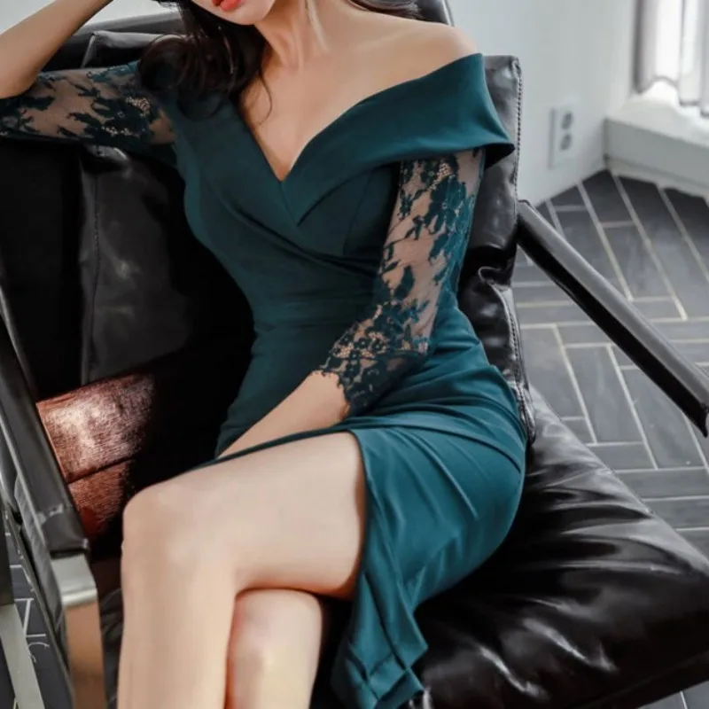 Женское сексуальное облегающее платье карандаш с вырезом лодочкой и кружевным