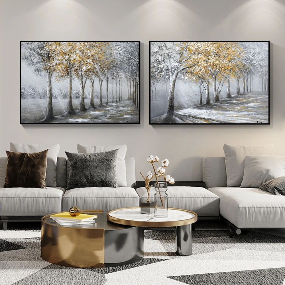 Плакат на холсте с золотыми листьями и серым деревом природный ландшафт