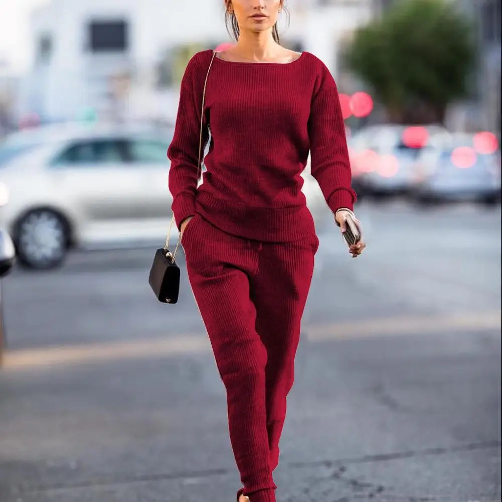 Casual Women's Sweater Suits and Sets Autumn Winter O Neck Long Sleeve Sweaters Tops+Long Trousers Solid 2 Piece 2019 |