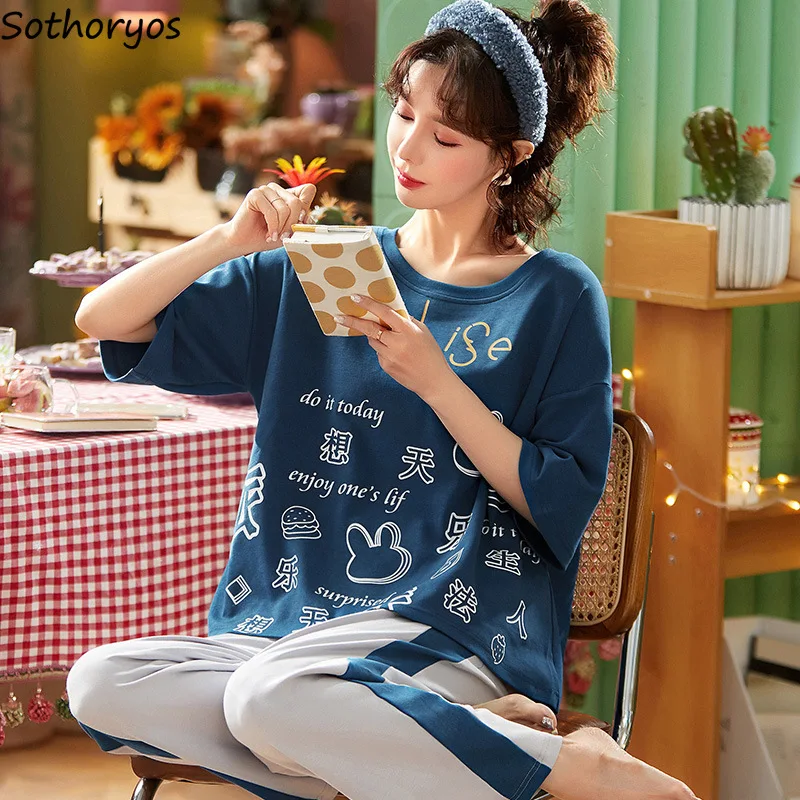 

Pajama Sets Women Full-length Pants Summer Cartoon Short Sleeve Tees Leisure Kawaii Pajamas Korean Style Soft Sleepwear Students
