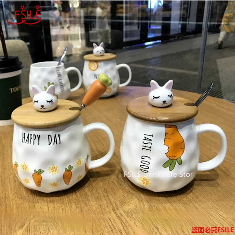 

400ml Korean Cute Cartoon Rabbit Ceramic Coffee Mug Student Couple Carrot Water Cup with Lid Spoon Breakfast Milk Cup Gift Cup