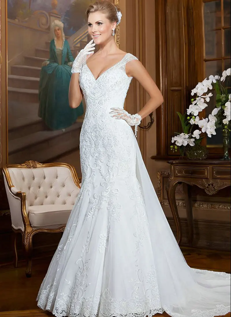 

Cap Sleeve Wedding Gowns White Organza Lace Wedding Dresses With Detachable Train Bridal Dresses Mermaid Sleeveless abendkleide