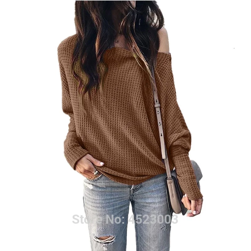 

Womens Off Shoulder Tops Waffle Knit Lantern Sleeve Shirts Women Clothing Casual T Shirt Ladies Tops