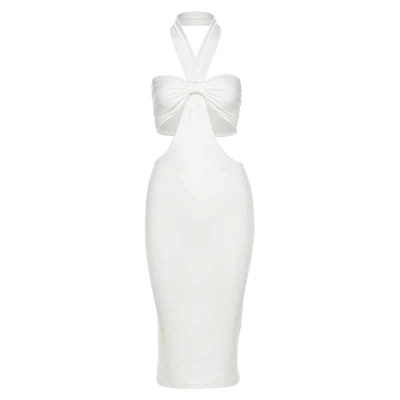 

Donsignet Fashion Women's Dress Leisure Tube Top Solid Color Sexy Hollow Hanging Neck Slim Backless Slim Fit Hip Dress