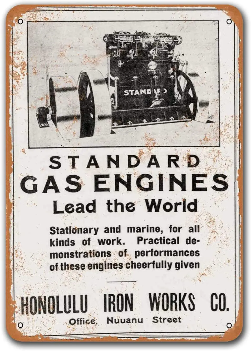 

1909 Honolulu Iron Works Gas Engines Tin Metal Signs Vintage Cars, Sisoso Plaques Poster Pub Garage Retro Wall Decor 8x12 inch