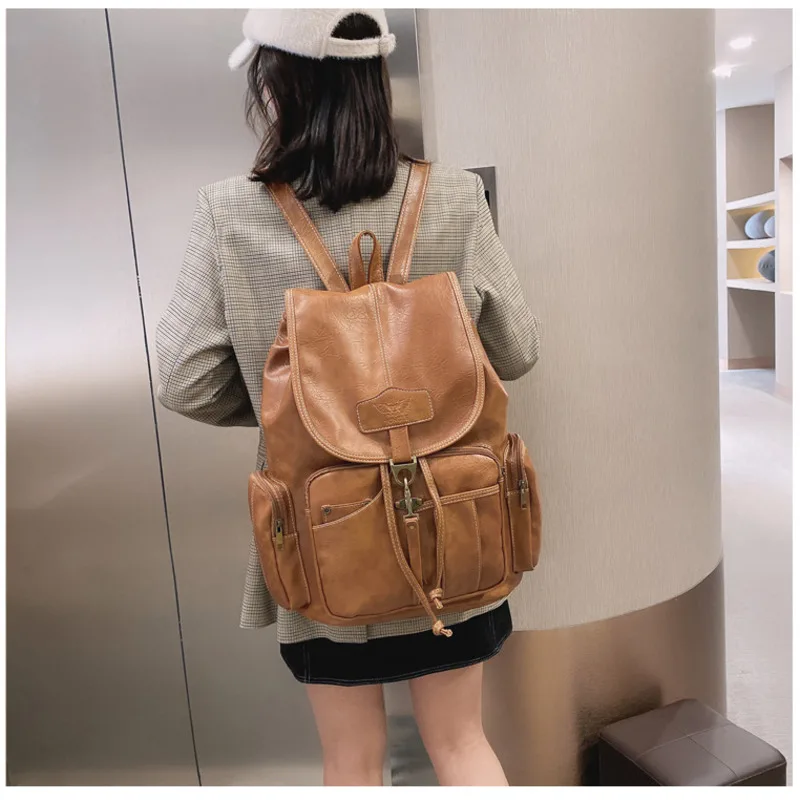 

Fashion Retro Backpacks Women Laptop Bag Durable PU Teenage Shopping Schoolbag Large Capacity Travel Backpack Bag