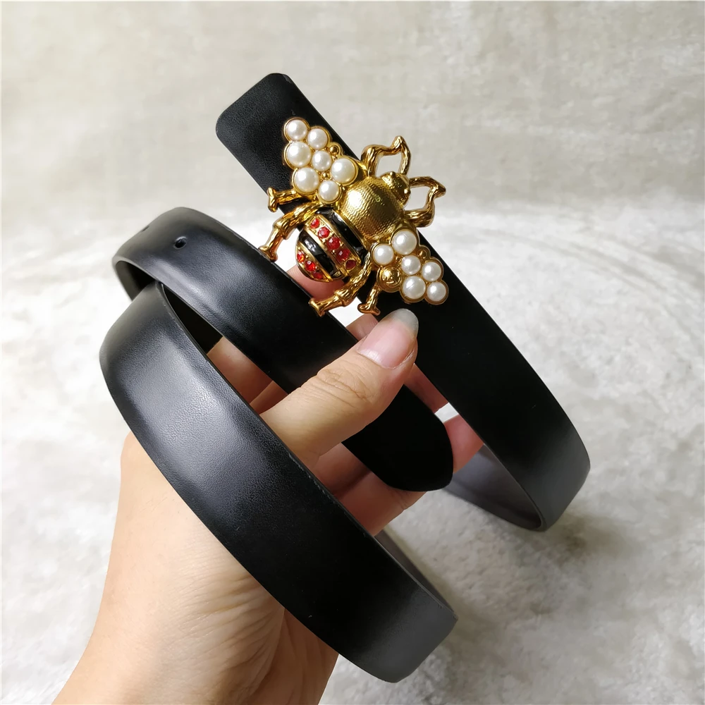 

Leather belt women waist luxury black red belts for jeans dresses woman bee studded buckle girls ladies fashion decorative